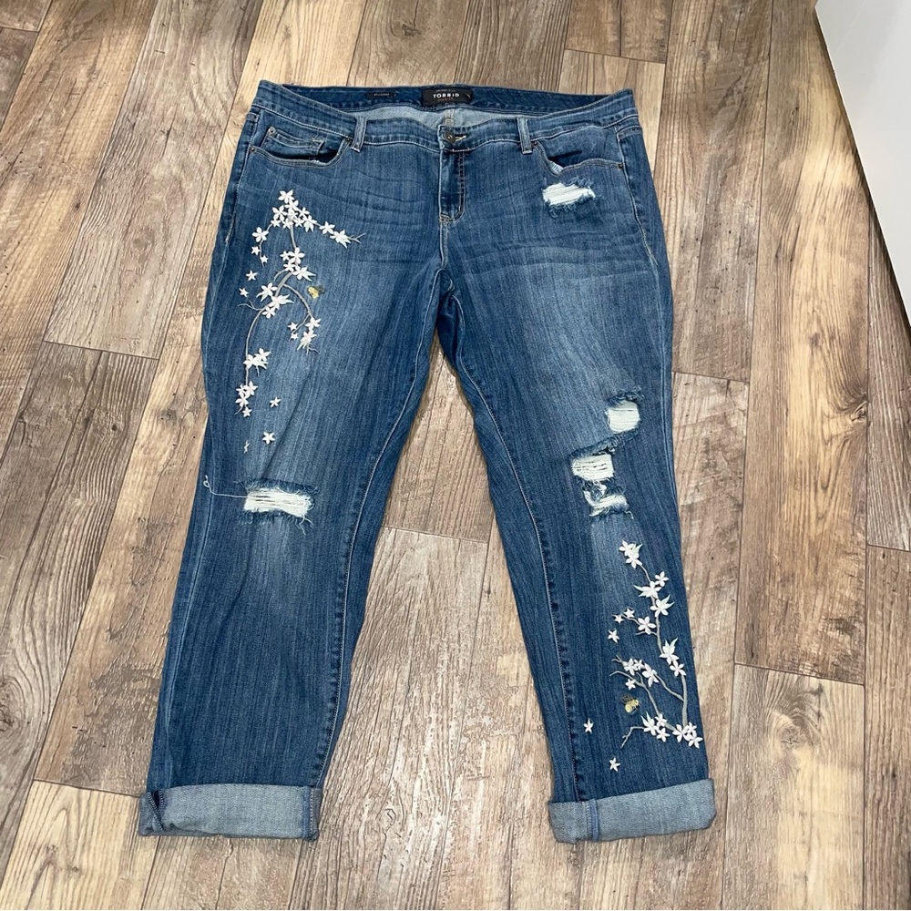 Torrid Blue Boyfriend Jeans with White Floral Embroidery